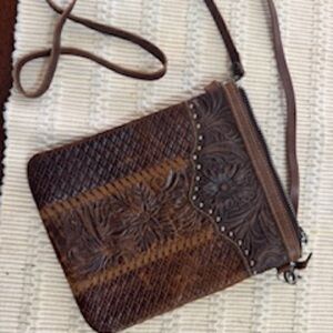 Montana West Tooled Leather Crossbody Bag Brown Western Floral Embossed Hipster